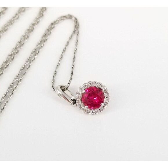 Sterling Silver Round Cut Ruby and Cubic Zirconia Halo 19" Chain Necklace 1.8g - Picture 2 of 6